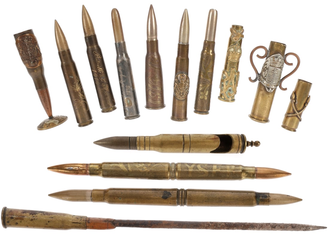 Trench Art Bullets - Mock Battle of Manila through WWI: Trench Art Bullets - Mock Battle of Manila through WWI Fourteen pieces made from long arm ammunition from various wars and nations: 1) A rifle or carbine round with an FN 96 headstamp. It's inscribed 