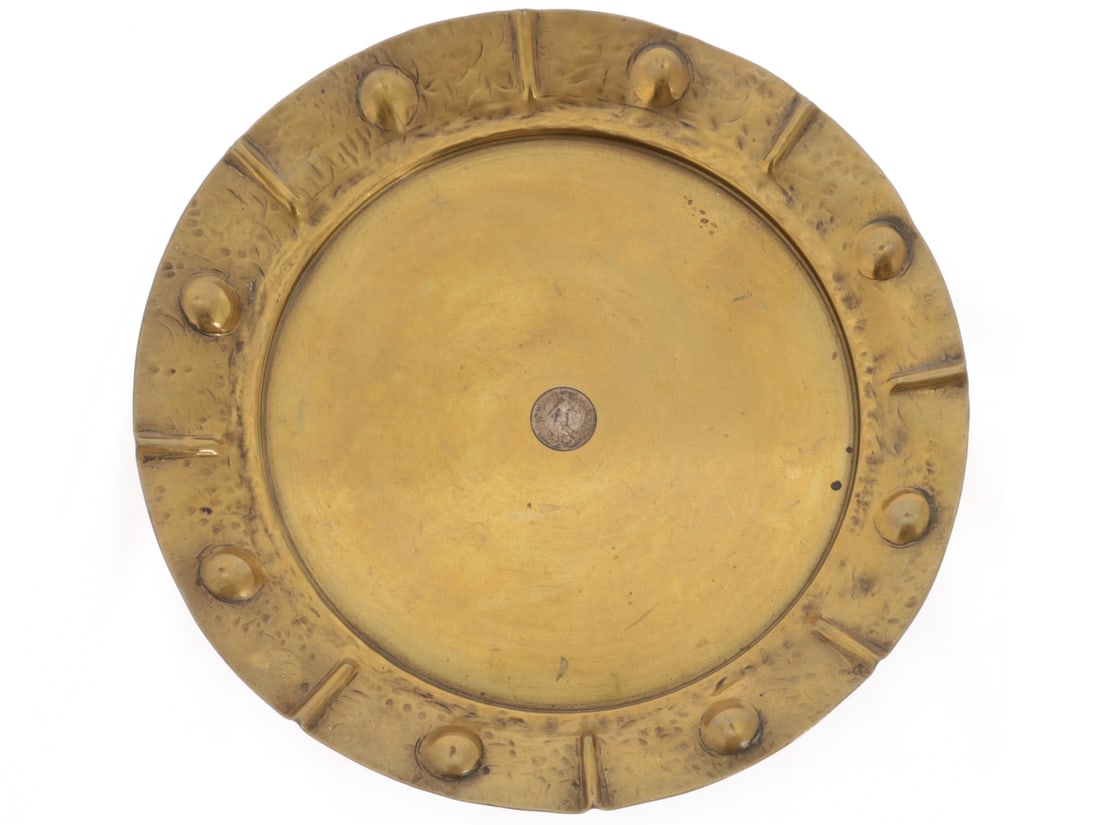 Trench Art Tray - German Morser 16 Shell Base: Trench Art Tray - German Morser 16 Shell Base Brass tray made from the 236mm base of a Morser 16 shell casing. The Headstamp is quite clear: POLTE MARZ 1917 MAGDEBURG Sp406. The rim of the tray is dec
