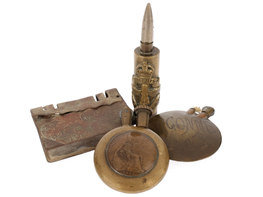 WWI Trench Art Lighter Lot: WWI Trench Art Lighter Lot Four lighters, one looks like it was dug. 1) Brass disc with a British coin applied to each side. Retains the threaded wick cover. Seems like it might be functional with som