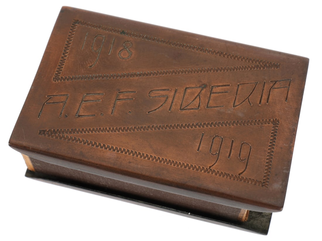 WWI AEF Siberia Match Safe: WWI AEF Siberia Match Safe Copper match safe engraved A.E.F. Siberia with the dates 1918 and 1919 one one side and an eagle carrying a flag in front of a sunrise on the reverse. This matchsafe is pict