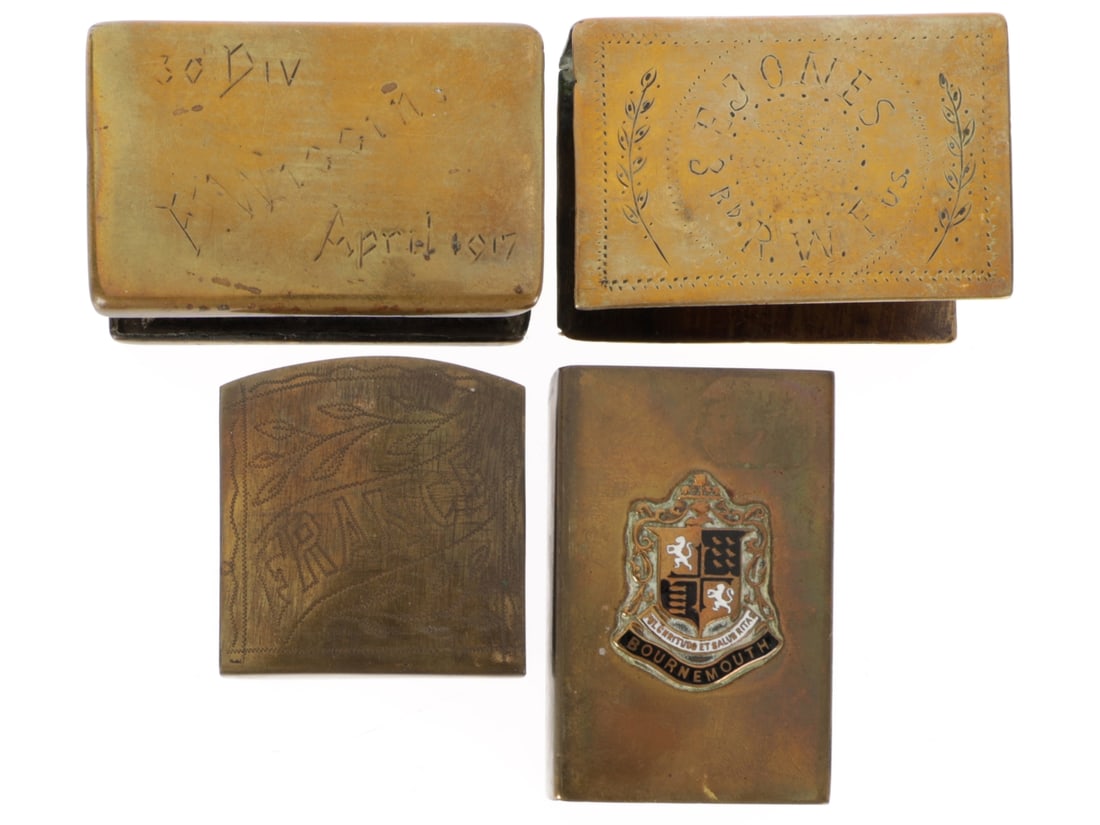 WWI Match Safe Lot: WWI Match Safe Lot Four safes, two are identified; 1) Brass match safe with a US identification: 30 Div / F. WIGGIN / APRIL 1917 on one side with "Great War" and French place names Arras and Anere (?)