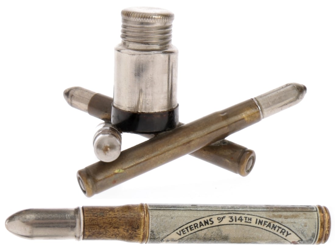 Bullet Pencils and Pen and Ink Set - US 314th Infantry: Bullet Pencils and Pen and Ink Set - US 314th Infantry Two commercially produced pieces made to resemble bullets. 1) Souvenir bullet pencil from the Veterans of the 314th Infantry with an image of the