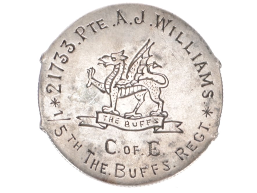 WWI Souvenir Engraved Coin ID Tag - The Buffs: WWI Souvenir Engraved Coin ID Tag - The Buffs British Indian coin engraved with the dragon crest of The Buffs (Royal East Kent Regiment). The edge is engraved * 21733. Pte. A.J. Williams* C. of E. 1/5
