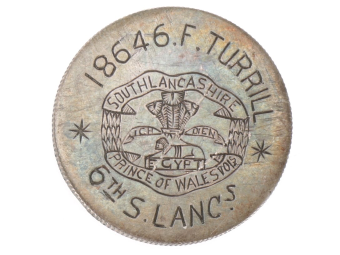WWI British ID Tag / Love Token 6th Battalion South Lancashire: WWI British ID Tag / Love Token 6th Battalion South Lancashire One Rupee coin smoothed down and engraved on one side 18646 F. TURRILL / South Lancashire regimental badge / 6th S. LANCs. This IS Tag is
