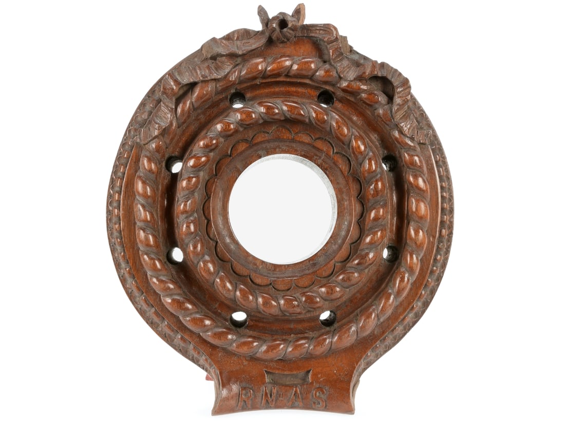 Royal Naval Air Service WWI Trench Art Clock Surround from Aircraft Propeller Hub: Early period eight-hole laminated wood propeller hub has a portion of the design number, which if complete would match it to a specific engine, which gives a clue as to the specific aircraft it may ha