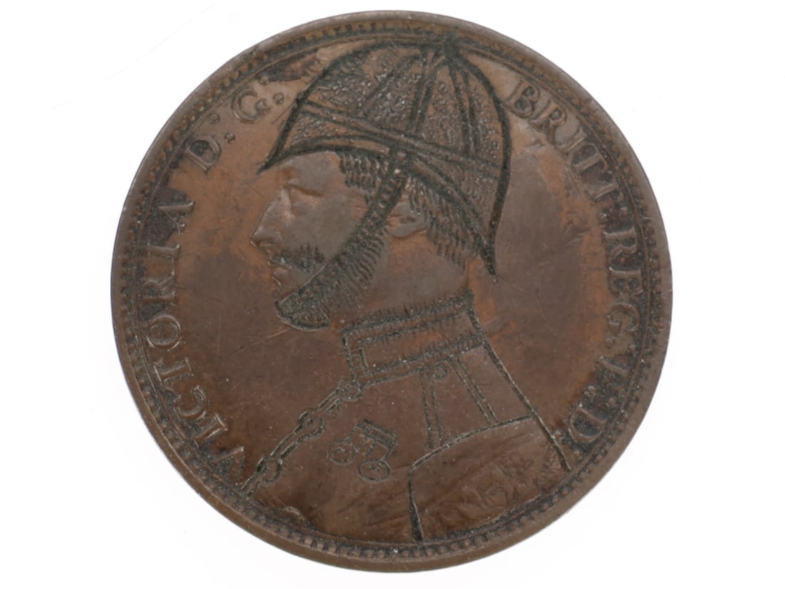 British Zulu War Trench Art Coin - Lord Chelmsford: British Zulu War Trench Art Coin - Lord Chelmsford 1879 dated British one penny coin depicts a hand engraved image of Lord Chelmsford, Commander in Chief of the Britiah Forces in the Zulu War of 1879.