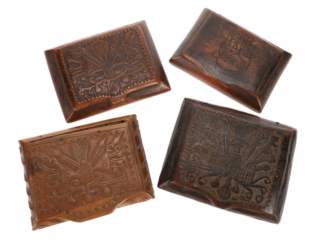 WWI Turkish Prisoner of War Decorative Box Lot: WWI Turkish Prisoner of War Decorative Box Lot Four wooden boxes made by Turkish prisoners of war. They are all of the same basic construction style but clearly by different artists. They are roughly 