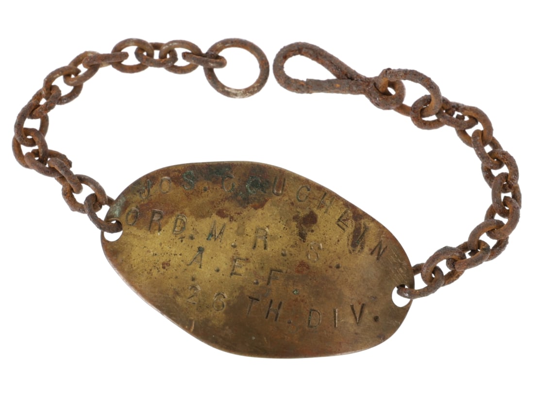 WWI US 26th Division Soldiers ID Bracelet - Mobile Ordnance Repair Shop: WWI US 26th Division Soldiers ID Bracelet - Mobile Ordnance Repair Convex, brass oval ID tag is stamped JOS. COUGHLIN / ORD. M.R.S. / A.E.F. / 26TH DIV. Reverse is stamped with serial number 205716. T
