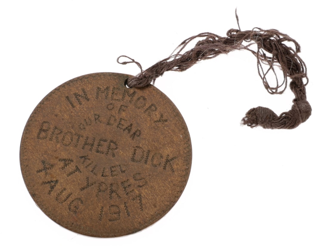 WWI Memorial / Love Token - Our Brother Dick: WWI Memorial / Love Token - My Dick 1916 French 10 Centimes coin, the, the smooth reverse has been re-engraved IN MEMORY / OF / OUR DEAR / BROTHER DICK / KILLED / AT YPRES / 4 AUG 1917. Had he remains