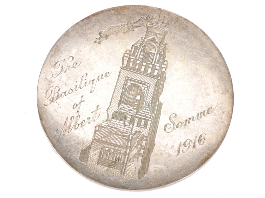 WWI Basilisque Notre Dame de Brebieres Souvenir / Love Token: WWI Basilisque Notre Dame de Brebieres Souvenir / Love Token An engraved 1867 dated French 5 Franc coin. The obverse has been smoothed down entirely and re-engraved with the inscription "The Basilisqu