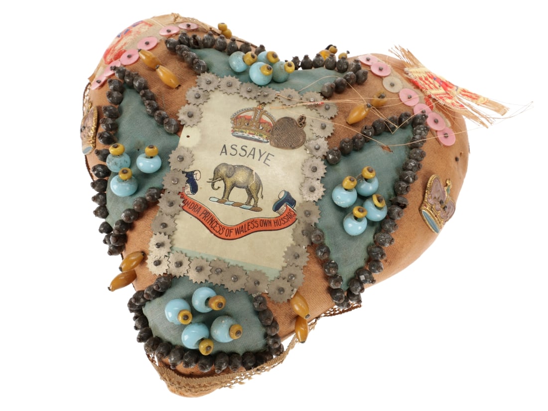 British Late 19th Century / WWI Sweetheart Pin Cushion: Alexandra Princess of Wales's Own Hussars: British WWI Era Royal Navy Sweetheart Pin Cushion: HMS Dolphin. These were available in kit form, allowing the serviceman constructing it to incorporate unit insignia and woven or embroidered sentimen