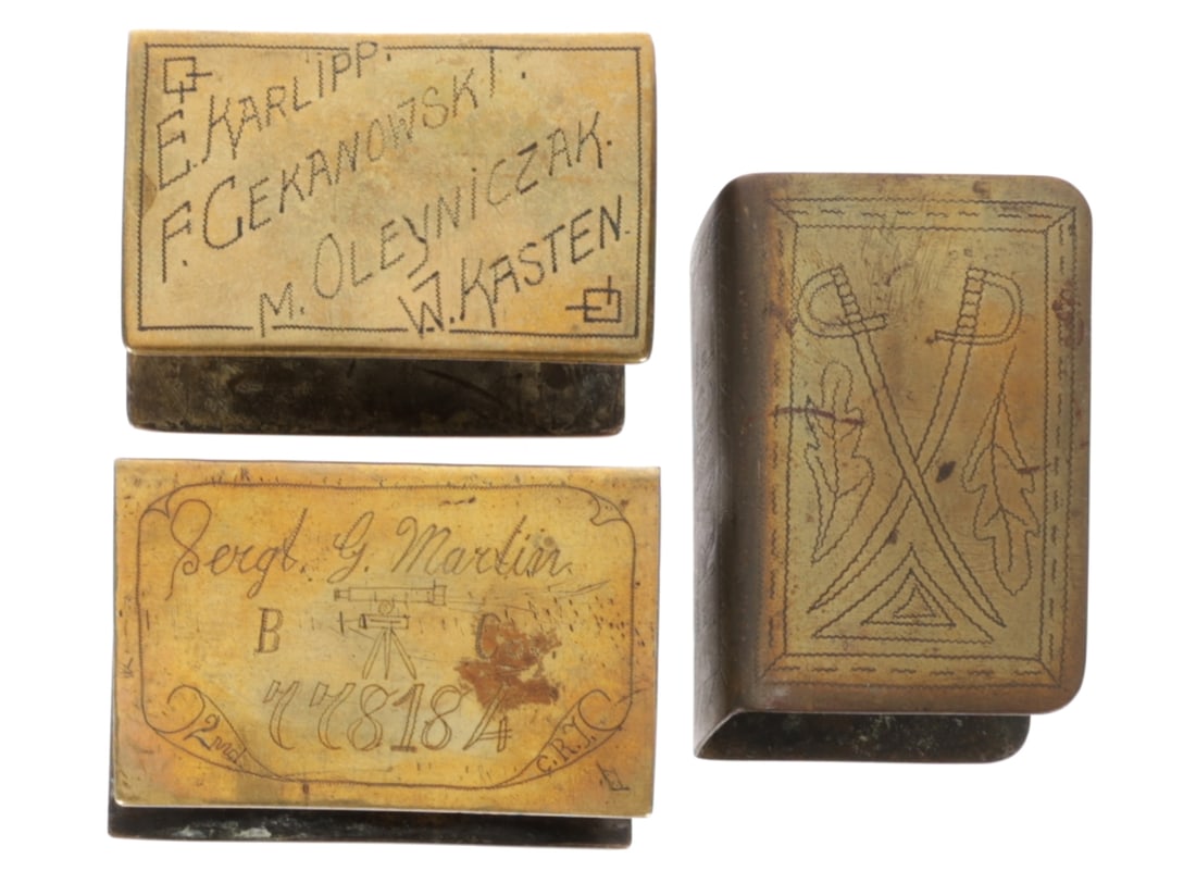 WWI Trench Art Match Safe Lot of Three: WWI Trench Art Match Safe Lot of Three - Vickers Maching Gun Three brass match safes: 1) One side engraved SOUVENIR with oak leaves, the spine is engraved FRANCE. the other side engraved with crossed 