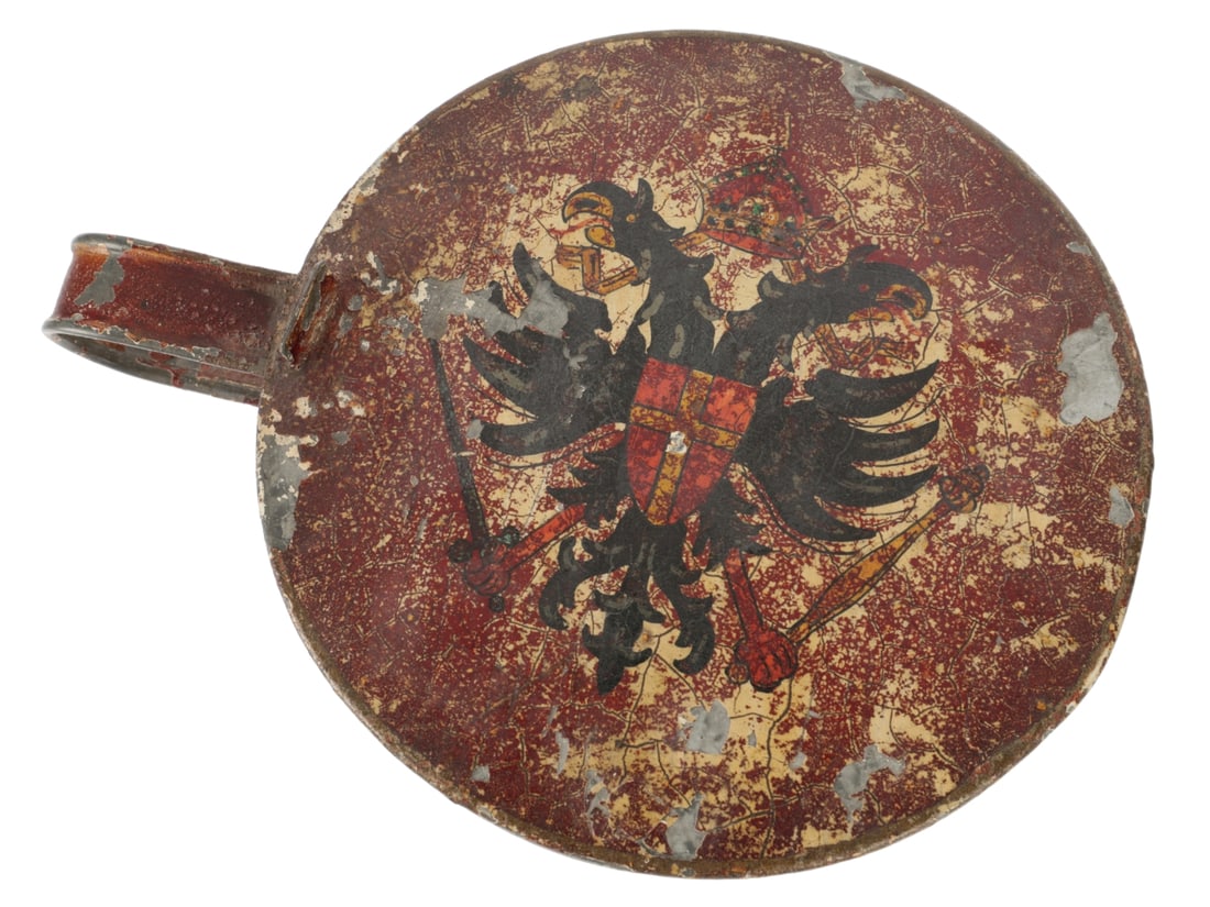 Painted Galvanized Steel Container with German Folk Art Double Headed Eagle and Shield: Painted Galvanized Steel Container with German Folk Art Double Headed Eagle and Shield. Galvanized steel container has handle to the left with a flange on the edge that can be used to raise the lid wi