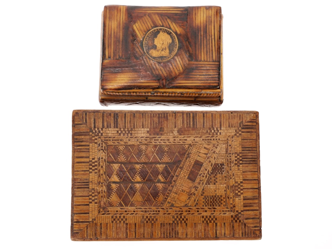 Straw Box and Victorian Match Stick Box: Straw Box and Victorian Match Stick Box. First box is wood that has a lid covered in dyed straw worked into intricate geometric pattern on the top. Some of the straw has come off the sides. The bottom