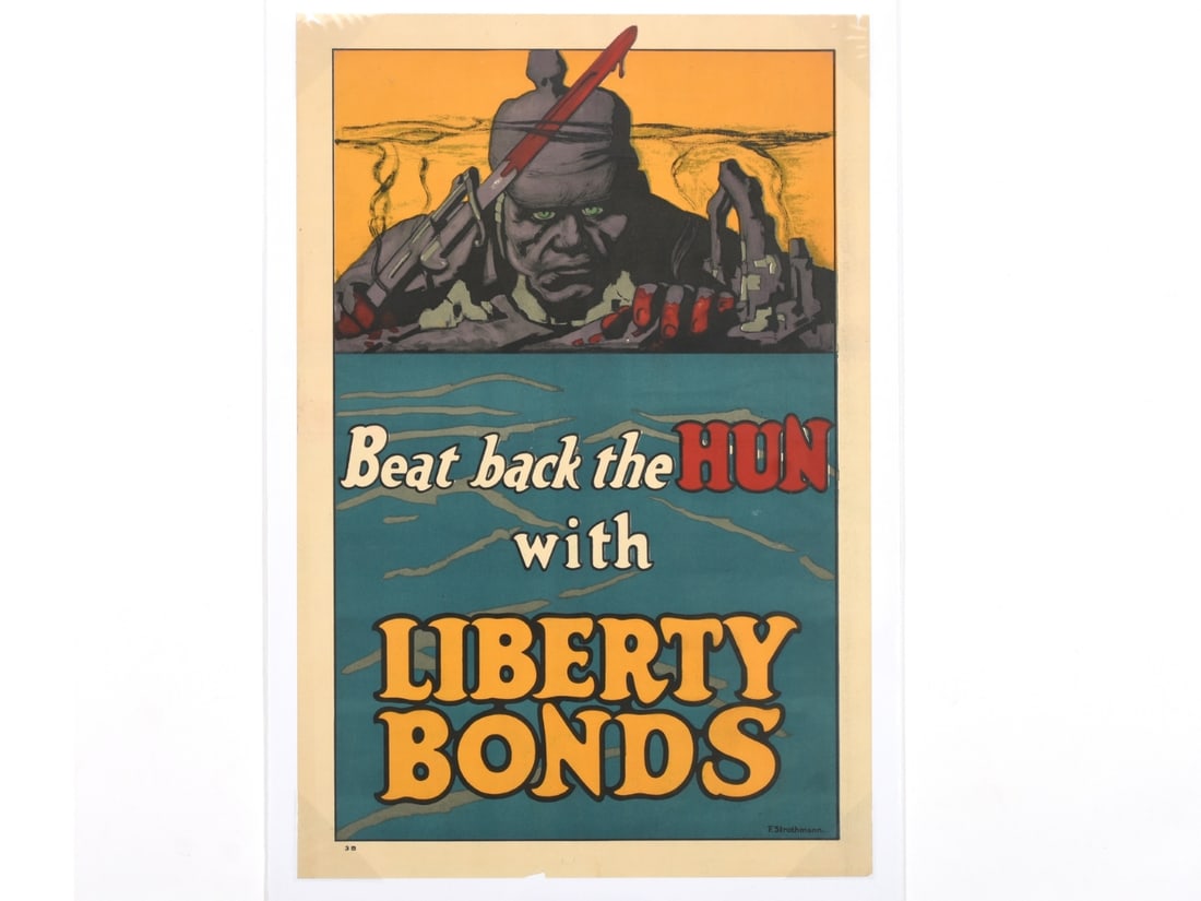 "Beat back the HUN with LIBERTY BONDS" World War I Propaganda Poster: "Beat back the HUN with LIBERTY BONDS" World War I Propaganda Poster Description: This is an iconic original World War I propaganda poster titled "Beat back the HUN with Liberty Bonds," created by Ame