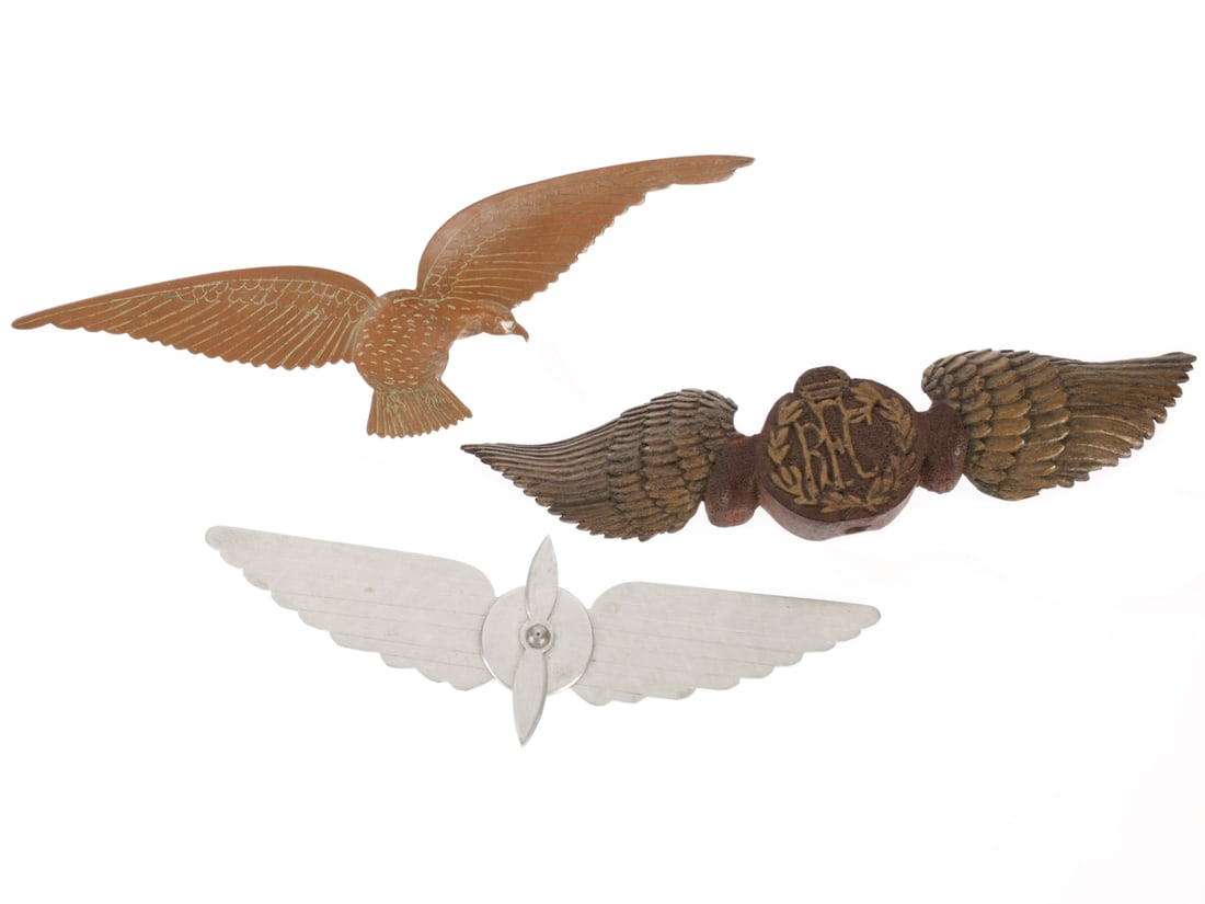 WWI - WWII Aviation Trench Art: WWI - WWII Aviation Trench Art Three handmade pieces: 1) Dynamic carving of an RFC wing made from one piece of wood with a wingspan of 19.4cm, 4.5cm tall and 1.5cm thick in the center. The wings delic