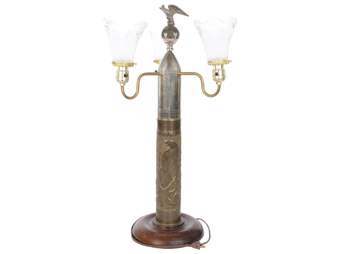 WWII USS Antares Trench Art Lamp: First USN Vessel To Sight The Enemy at Pearl Harbor on December 7,: WWII USS Antares Trench Art Lamp: First USN Vessel To Sight The Enemy on December 7, 1941. 29" tall (~74cm) on a 9" diameter turned wood base this 3" shell casing is elaborately decorated in repousse 