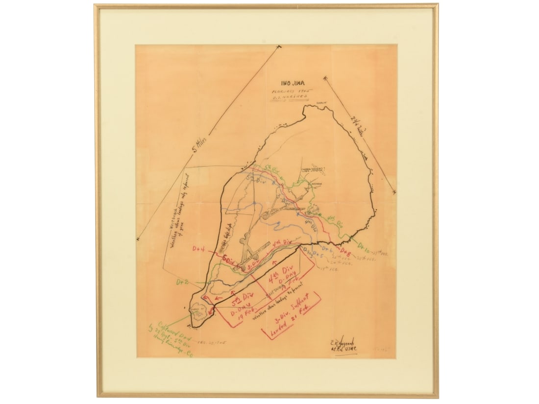Framed Tactical Map of Iwo Jima: Lt. Colonel Hagenah: Framed Tactical Map of Iwo Jima: Lt. Colonel Hagenah 17-3/4" x 20-1/2" framed dimensions; original tactical map of Iwo Jima with different colored map case grease pencil notations of troop positions f