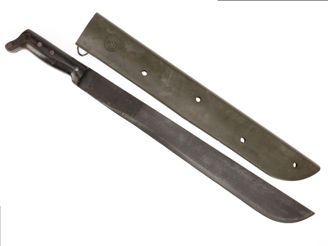 WWII AAF Survival Machete - Collins No. 37: WWII AAF Survival Machete - Collins No. 37 18" sharpened blade still retains most all the paper Collins & Co. label, worn away on the lower edge from use. The other side is stamped with the Collin