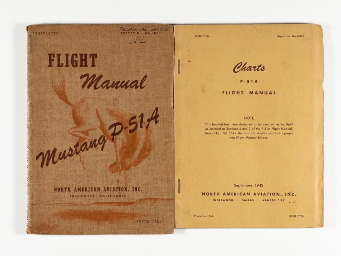 WW2 P-51A "Mustang" Flight Manual and "Charts" Supplement: WW2 P-51A "Mustang" Flight Manual and "Charts" Supplement This lot represents a significant artifact of aeronautical engineering and military history: a complete, original 1943 flight manual set for t