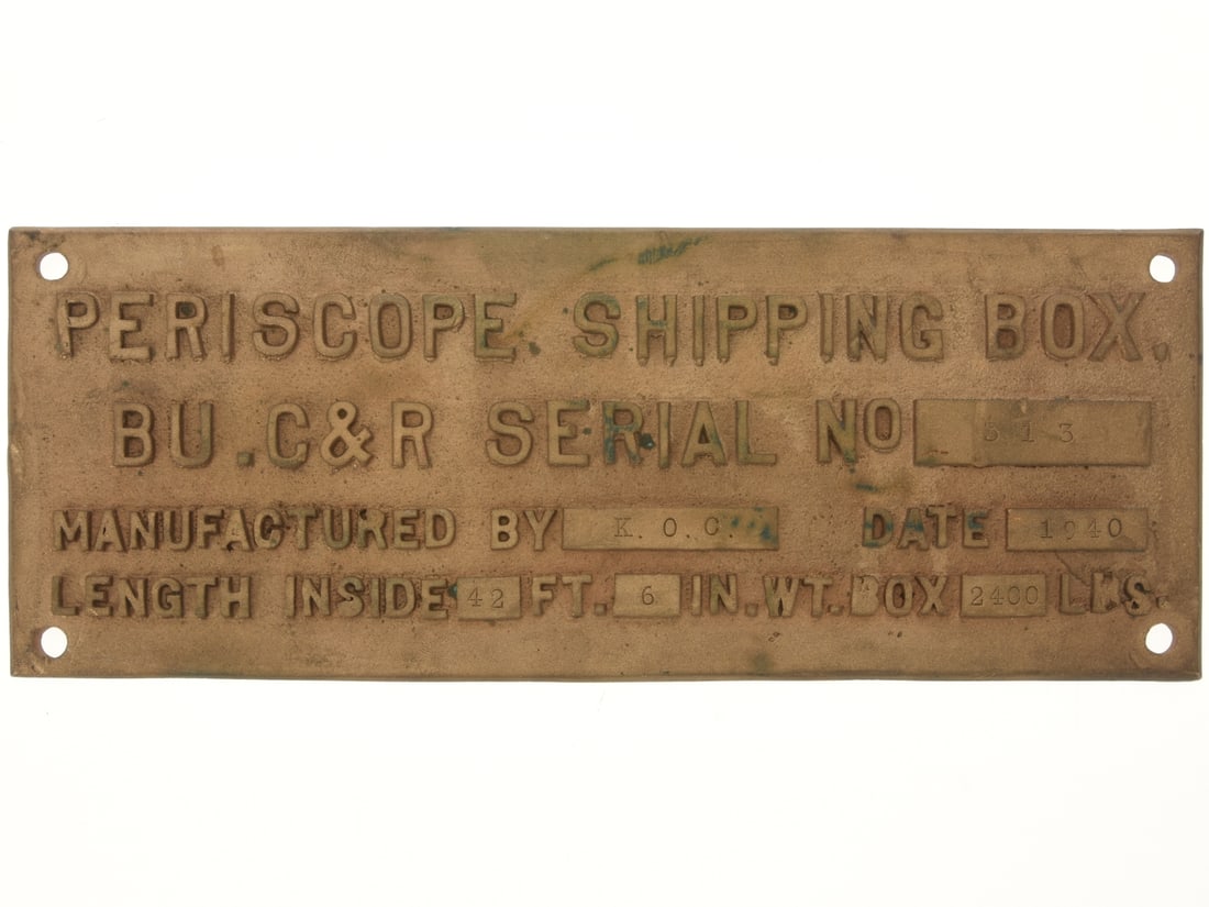 U.S. Navy Submarine Periscope Shipping Box Brass Identification Plate, Dated 1940 (1 of 4)