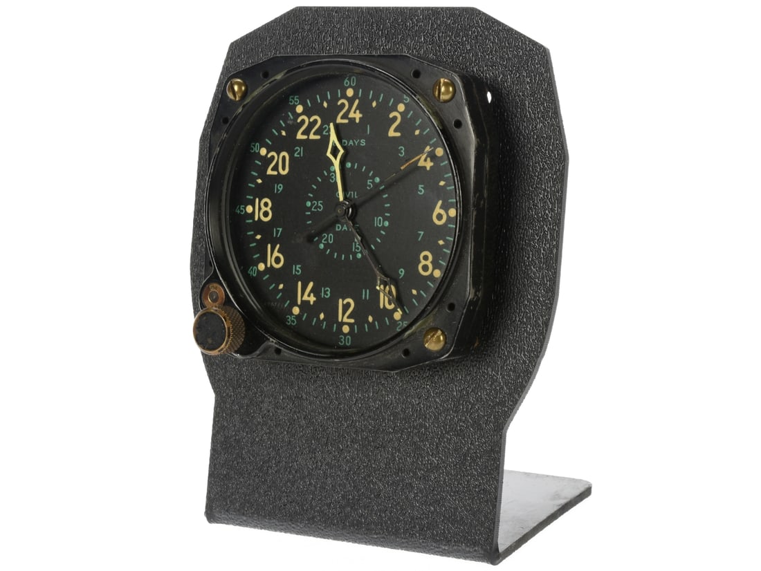 Waltham U.S. Military Civil Date Indicator Aeronaval Aircraft Clock: Waltham U.S. Military Civil Date Indicator Aeronaval Aircraft Clock Waltham Watch Co. aircraft panel clock, "Civil Date Indicator Aeronaval" (CDIA) pattern, black painted metal case with four mounting