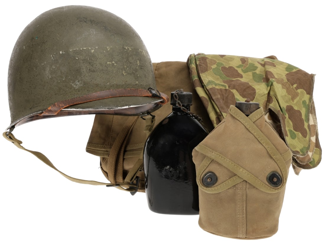 WWII USMC Lot: Enamel Canteens, Pack, and Helmet with Reproduction Camouflage Cover (1 of 18)