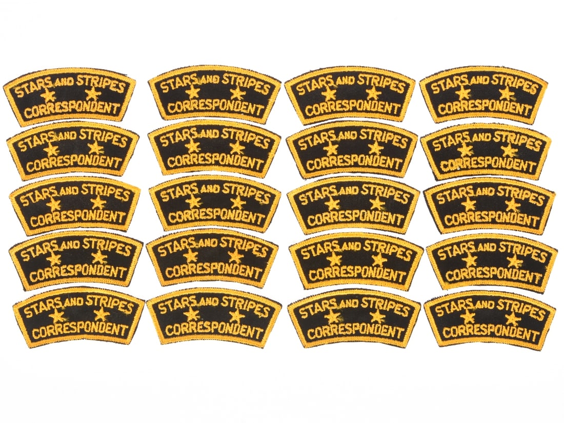 WWII Stars and Stripes Correspondent Shoulder Patch Lot: 20 Pieces: WWII Stars and Stripes Correspondent Shoulder Patch Lot: 20 Pieces Original new old stock examples, lot includes 20 unissued "STARS and STRIPES / CORRESPONDENT" shoulder patches. Estimate $100 - $200