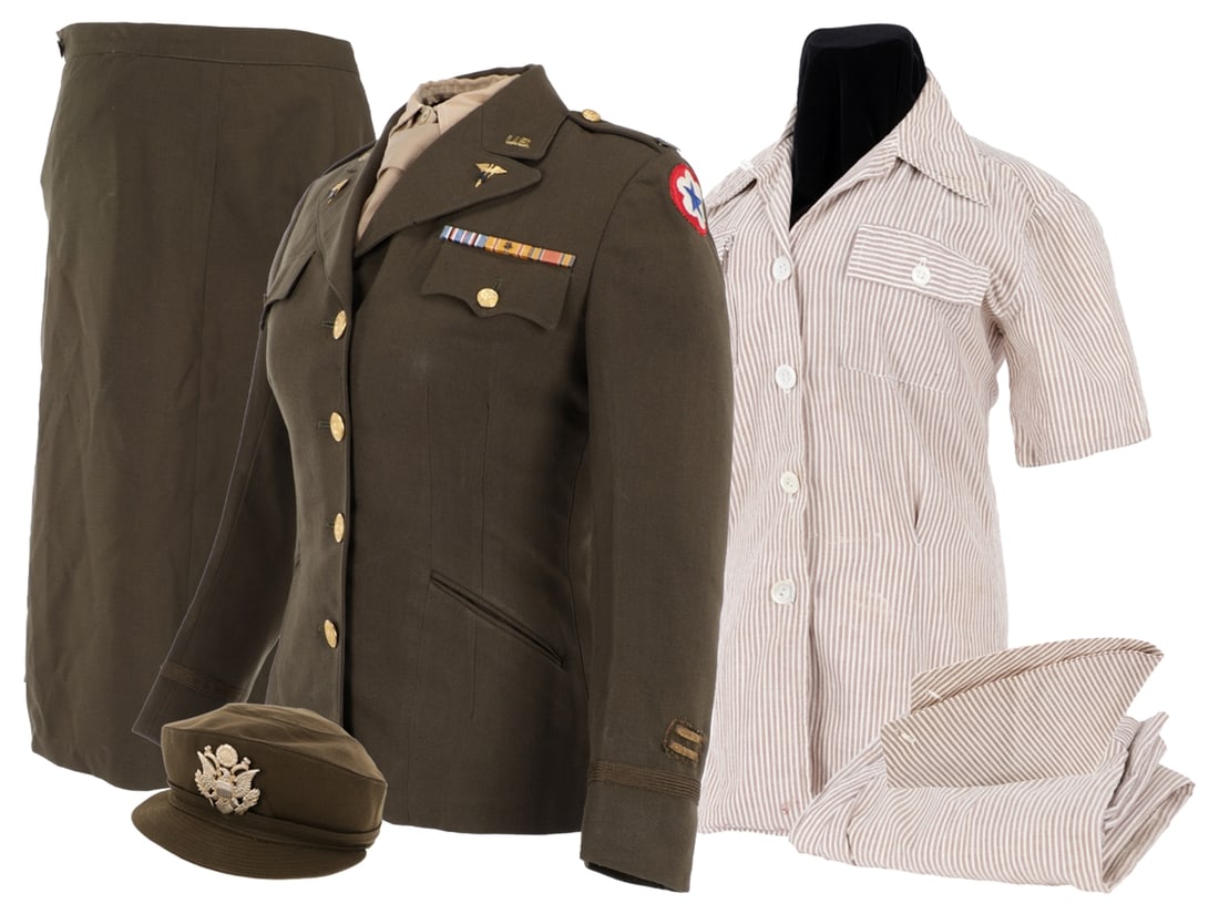 WWII US Army Nurse Service Dress & Seersucker Uniform Set: Attributed To A Pacific Theater Nurse: WWII US Army Nurse Service Dress & Seersucker Uniform Set: Attributed To A Pacific Theater Nurse. Brown and white cotton seersucker US Army Nurse uniform shirt, pants and cap, as standardized in A