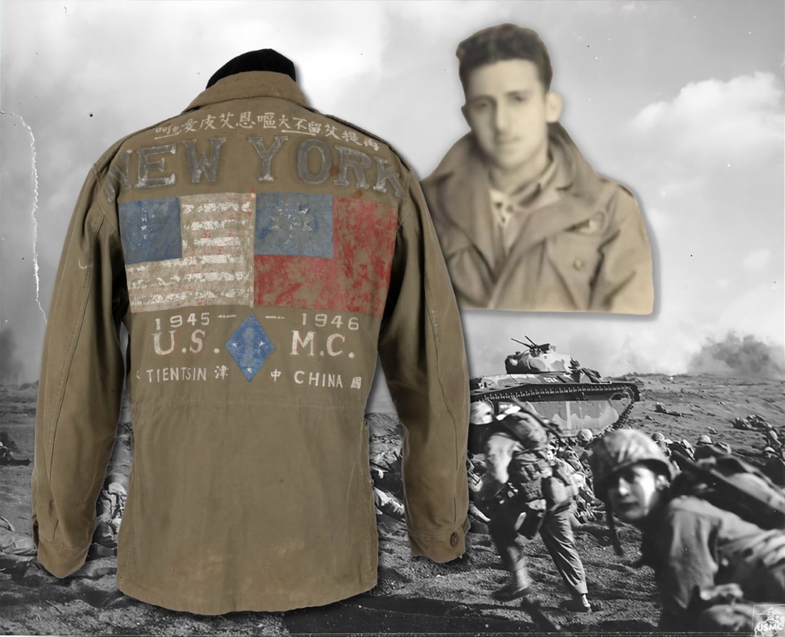 USMC Soldier's Painted M43 Jacket From 1945-1946 Service in China: USMC Soldier's Painted M43 Jacket From 1945-1946 Service in China. Model 1943 olive drab cotton field jacket has reverse painted with large US and nationalist Chinese flags, with "NEW YORK" across the