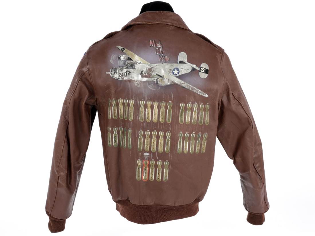 AAF 392nd Bombardment Group Elaborately Painted 'Tribute' A-2 Flight Jacket: AAF 392nd Bombardment Group Elaborately Painted 'Tribute' A-2 Flight Jacket. A rather nice original WWII A-2 Flight jacket with unnamed contract label "535-AC-27753", which (thank you Gary Eastman) we