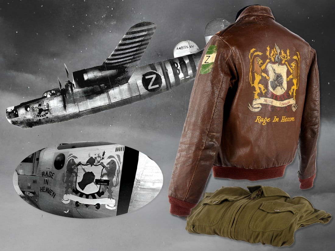 8th Air Force 852nd Bomb Squadron B-24 Painted A-2 "Rage in Heaven": AAF 8th Air Force 852nd Bomb Squadron Navigator's Painted A-2 Flight Jacket: "Rage in Heaven" Brown horsehide A-2 from the April 1942 J.A. Dubow Mfg. Co. contract for 50,000 jackets features back pain