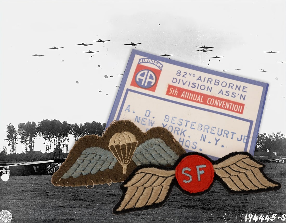 SOE Jedburgh Special Force Wing from Arie Dirk Bestebreurtje of Operation Market Garden Fame: SOE Jedburgh Special Force Wing from Arie Dirk Bestebreurtje of Operation Market Garden Fame. Includes embroidered Special Force 'Jedburgh' Wing, a British Parachutist wing badge, and Captain Bestebre