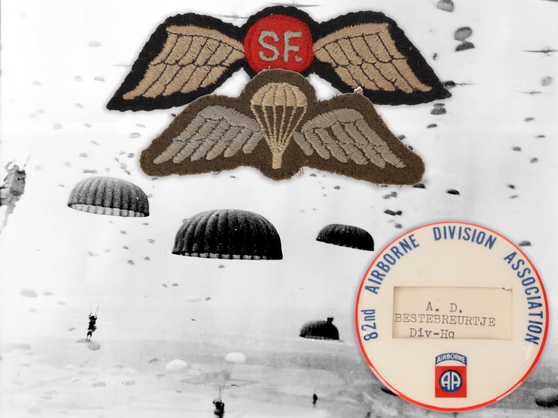 SOE Jedburgh Special Force Wing from Arie Dirk Bestebreurtje of Operation Market Garden Fame: SOE Jedburgh Special Force Wing from Arie Dirk Bestebreurtje of Operation Market Garden Fame. Includes embroidered Special Force 'Jedburgh' Wing, a British Parachutist wing badge, and Captain Bestebre