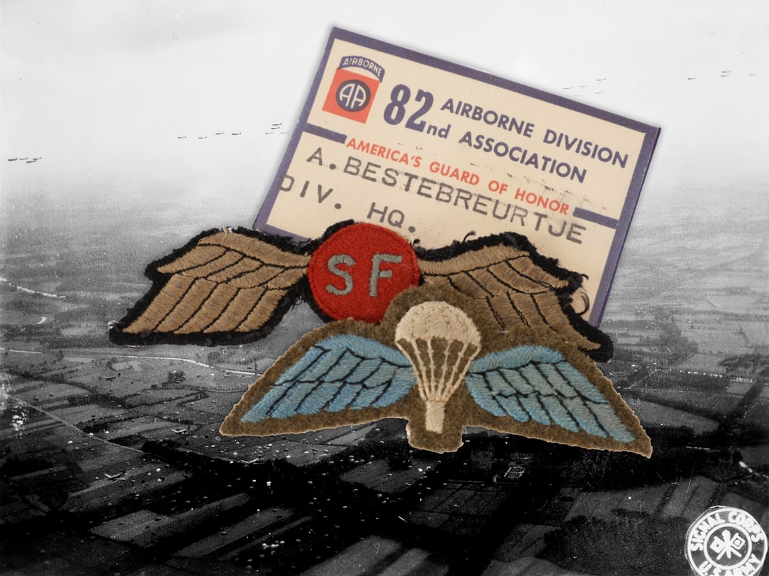 SOE Jedburgh Special Force Wing from Arie Dirk Bestebreurtje of Operation Market Garden Fame: SOE Jedburgh Special Force Wing from Arie Dirk Bestebreurtje of Operation Market Garden Fame. Includes embroidered Special Force 'Jedburgh' Wing, a British Parachutist wing badge, and Captain Bestebre