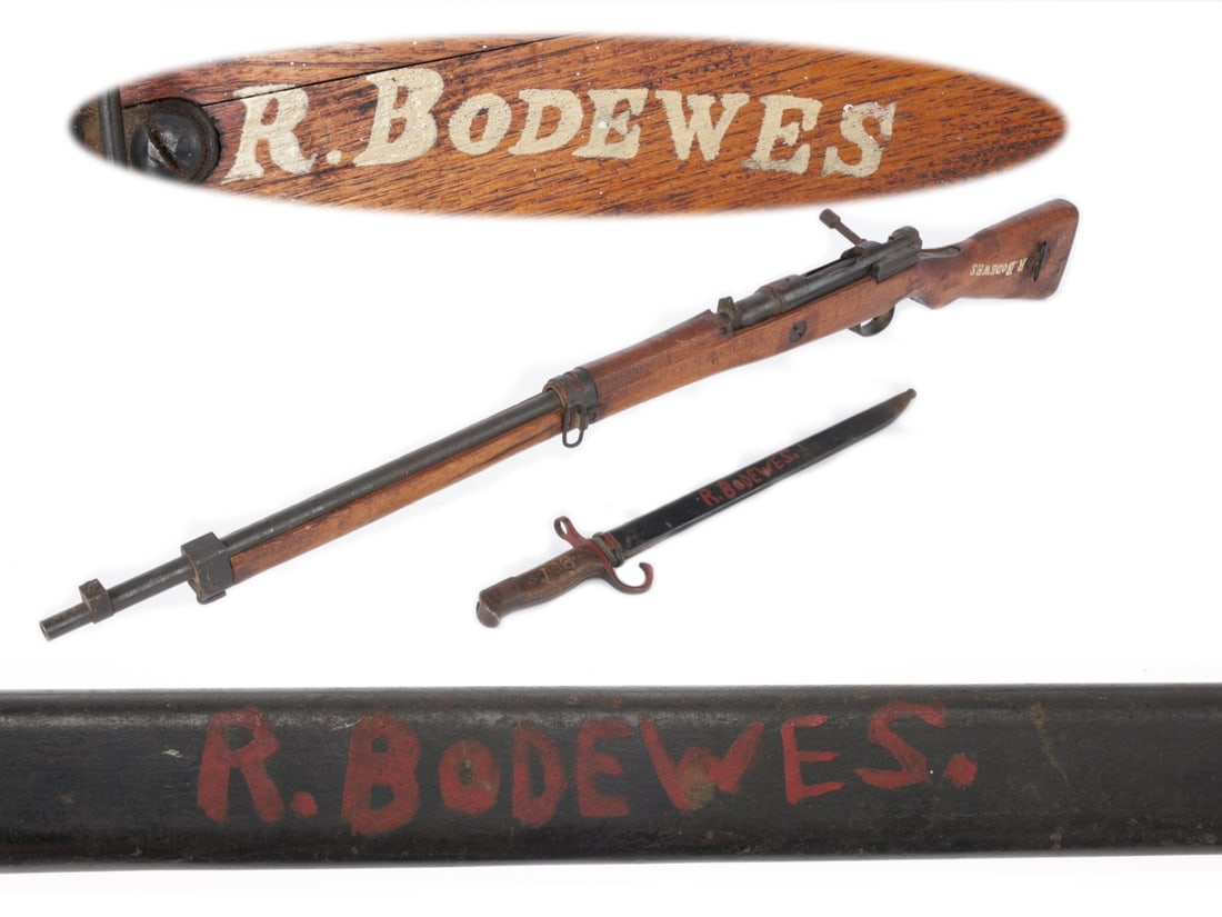 Japanese WWII 'Last Ditch' Rifle With US Veteran's Painted Name on the Stock & Bayonet: Japanese WWII 'Last Ditch' Rifle With US Veteran's Painted Name on the Stock & Bayonet. 7.7mm, S/N 84589, with markings for Jinsen Arsenal. NRA Good. Bolt is matching. Has rough blued finish blend