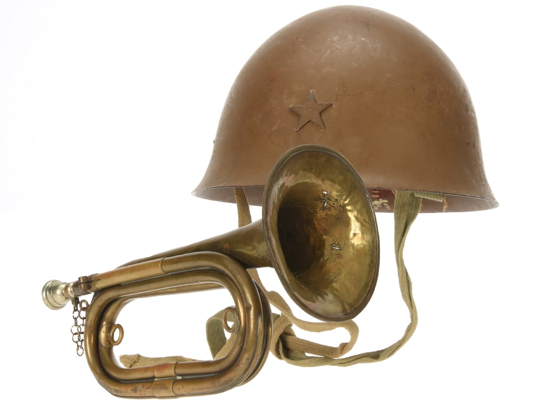 US Army 27th Division Soldier's Souvenir Japanese Helmet & Bugle (1 of 18)