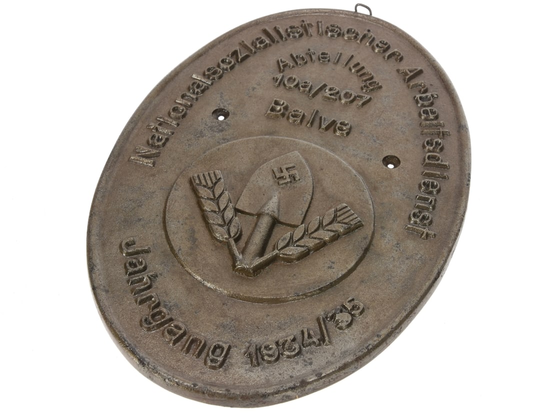 Wall Plaque For National Socialist Labor Service Unit In Balve, 1934/35: Wall Plaque For National Socialist Labor Service Unit In Balve, 1934/35 Cast brass or brass-alloy oval wall plaque for the National Socialist Labour Service (Nationalsozialistischer Arbeitsdienst), th
