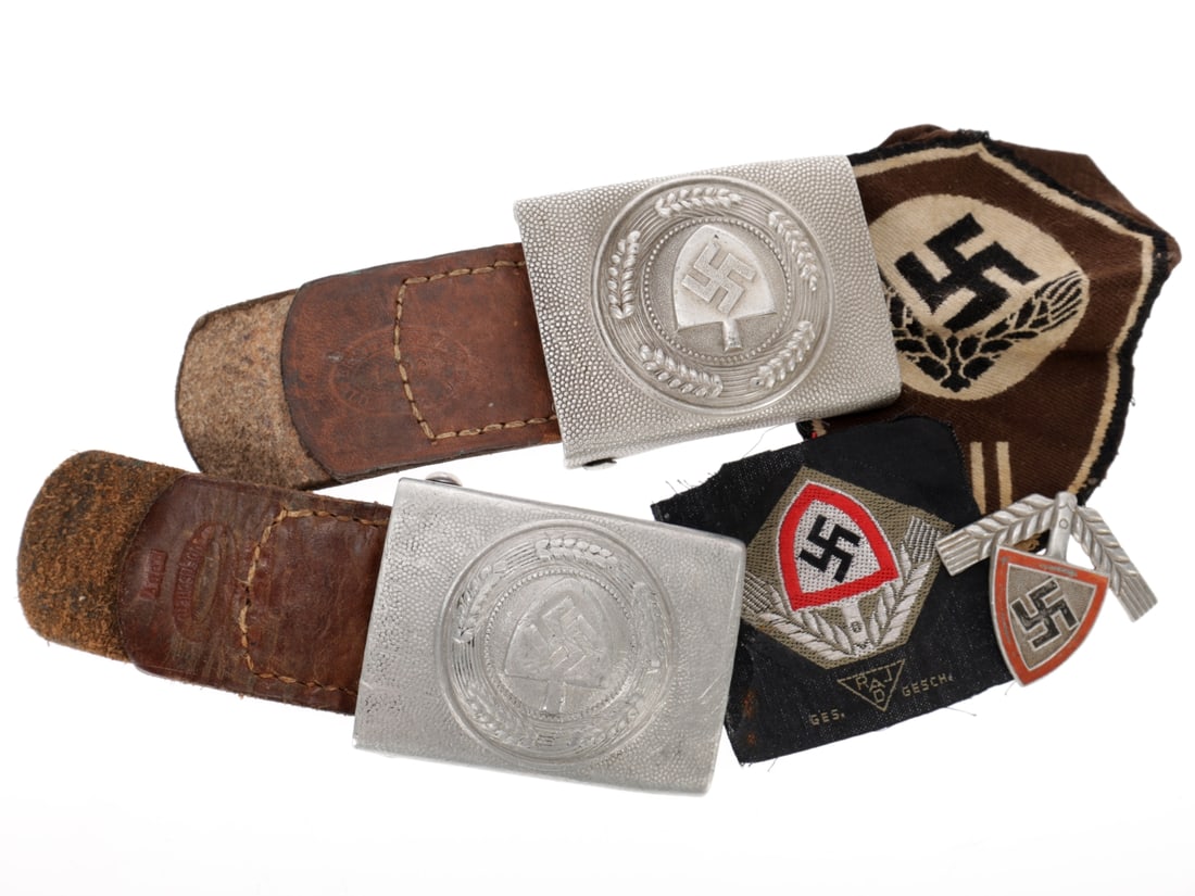 Reich Labor Service (RAD) Buckle and RADwJ Cloth Insignia Lot: Reich Labor Service (RAD) Buckle and RADwJ Cloth Insignia Lot. Includes Reich Labor Service female youth RADwJ sleeve badge, RAD woven cap insignia, and RAD metal cap insignia with one broken prong. I