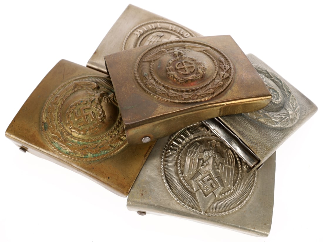 German SA, Hitler Youth, & RLB Buckles: Lot of Five: German SA, Hitler Youth, & RLB Buckles: Lot of Five. Includes two brass SA variants, an aluminum RLB / RLSV buckle, and two Hitler Youth buckles; one by Wilhelm Deumer marked with "RZM M4/72" (the
