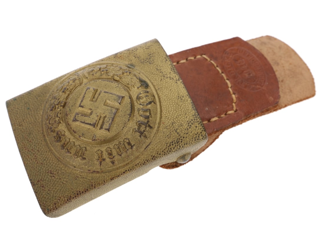 Wasserschutzpolizei Buckle with 1943 Dated Tab: Wasserschutzpolizei Buckle with 1943 Dated Tab. Gilt finished pebbled steel buckle has wreathed mobile swastika and inscription "GOT MITT UNS"; reverse with separately applied clasp loop; marked "CTD"