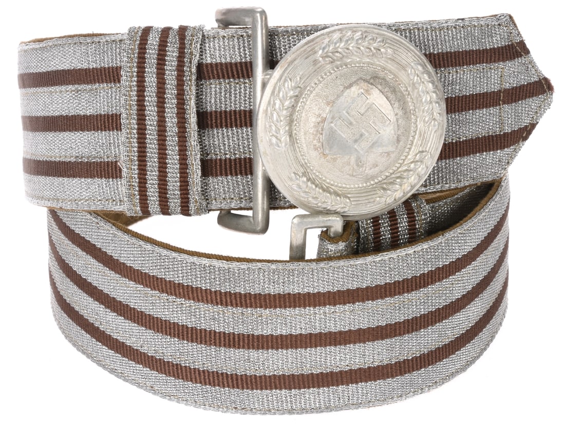 Reich Labor Service Officer's Brocade Belt: RAD Officer's Brocade Belt. Reichsarbeitsdienst officer brocade belt has brown accented aluminum bullion billet with interior brown leather adjustment tab, complete with an Assmann marked buckle dated