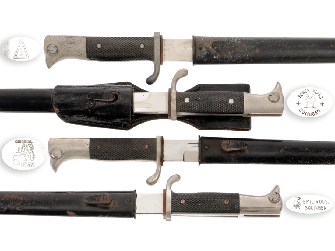Lot of Four German WWII Dress Bayonets: Plumacher, Klaas, Voos, & Eickhorn: Lot of Four German WWII Dress Bayonets: Plumacher, Klaas, Voos, & Eickhorn First example has 25cm blade with the maker mark of Richard Plumacher Sohn, hilt mostly gray with finish loss, functional