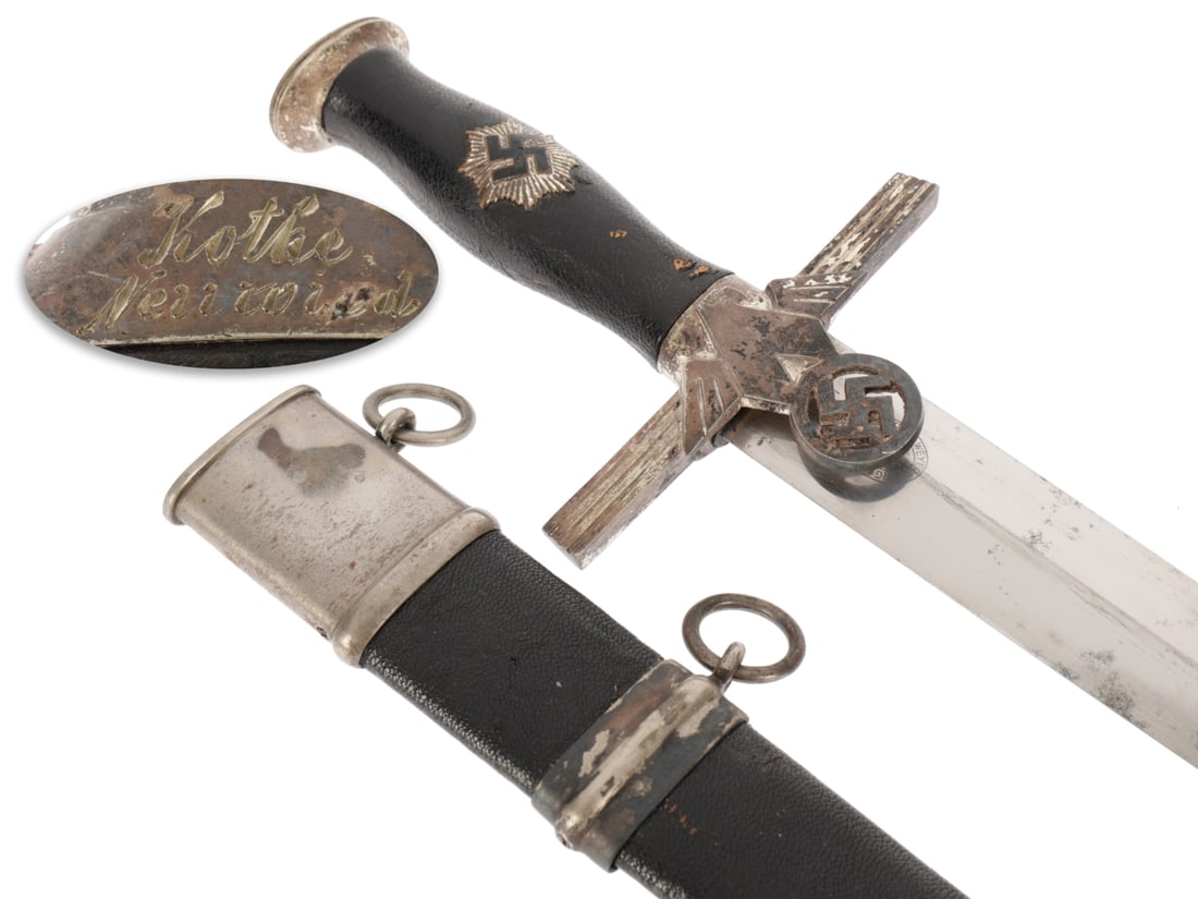 2nd Model RLB Officer Dagger: Inscribed: 2nd Model RLB Officer Dagger: Inscribed Second model Reichsluftschutzbund officer dagger has blade in good condition with some light blemishes and scabbard runner marks, "Paul Weyersberg" maker mark