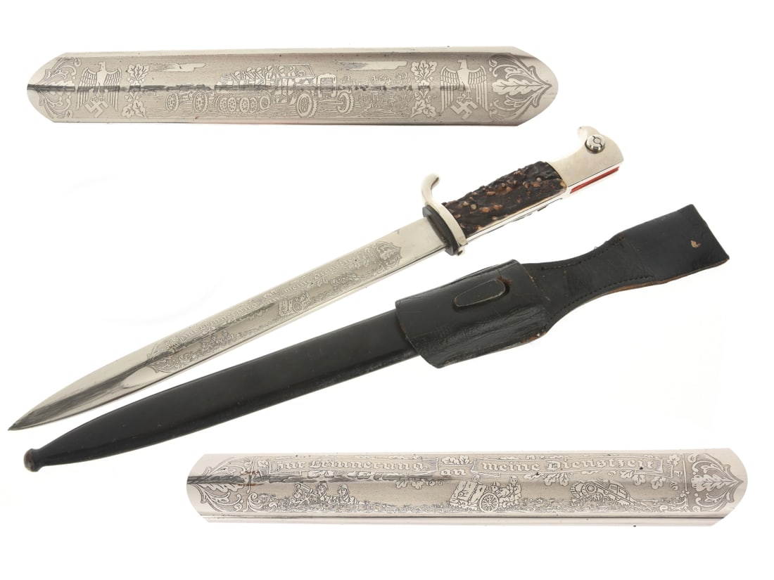 Ernst Pack & Sohne Stag Handle Etched Dress Bayonet: Ernst Pack & Sohne Stag Handle Etched Dress Bayonet A very attractive example; 25cm fullered blade has acid-etch martial vignettes on both sides; one panel with inscription "Zur Erinnerung an