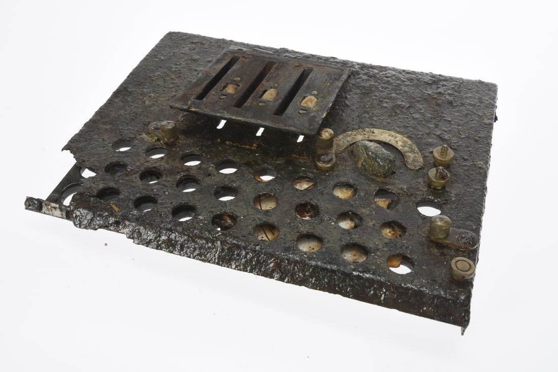 Relic Battlefield German M1 Enigma Machine Lampboard and Rotor Cover: Relic Battlefield German M1 Enigma Machine Lampboard and Rotor Cover This artifact is the inner metal cover plate, specifically the rotor and lampboard (Lampenbrett) cover, from a three-rotor German
