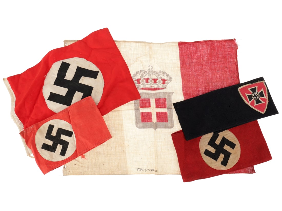 WWII Axis Flag & Armband Lot: WWII Axis Flag & Armband Lot. Includes two NSDAP armbands: one cotton, and one wool Kyffh?userbund (German Veterans Association) armband. Also includes one small vehicle pennant size 28cm x 19cm