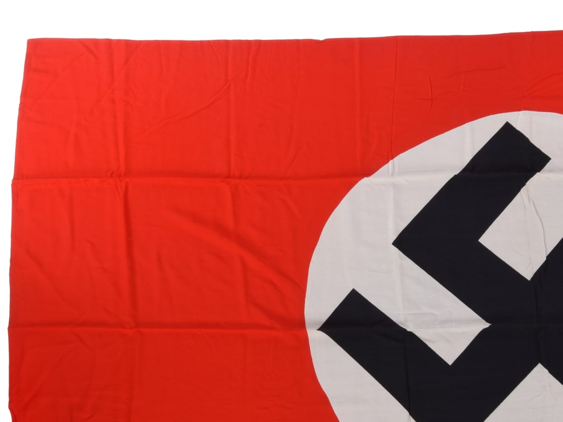 Third Reich NSDAP Vertical Banner: Unused Condition: Third Reich NSDAP Vertical Banner: Unused Condition. Large vertical NSDAP banner. 145cm x 245cm (~8' x 4'9") red bunting banner with 105cm (~41.5") diameter white disc with screened swastika on point