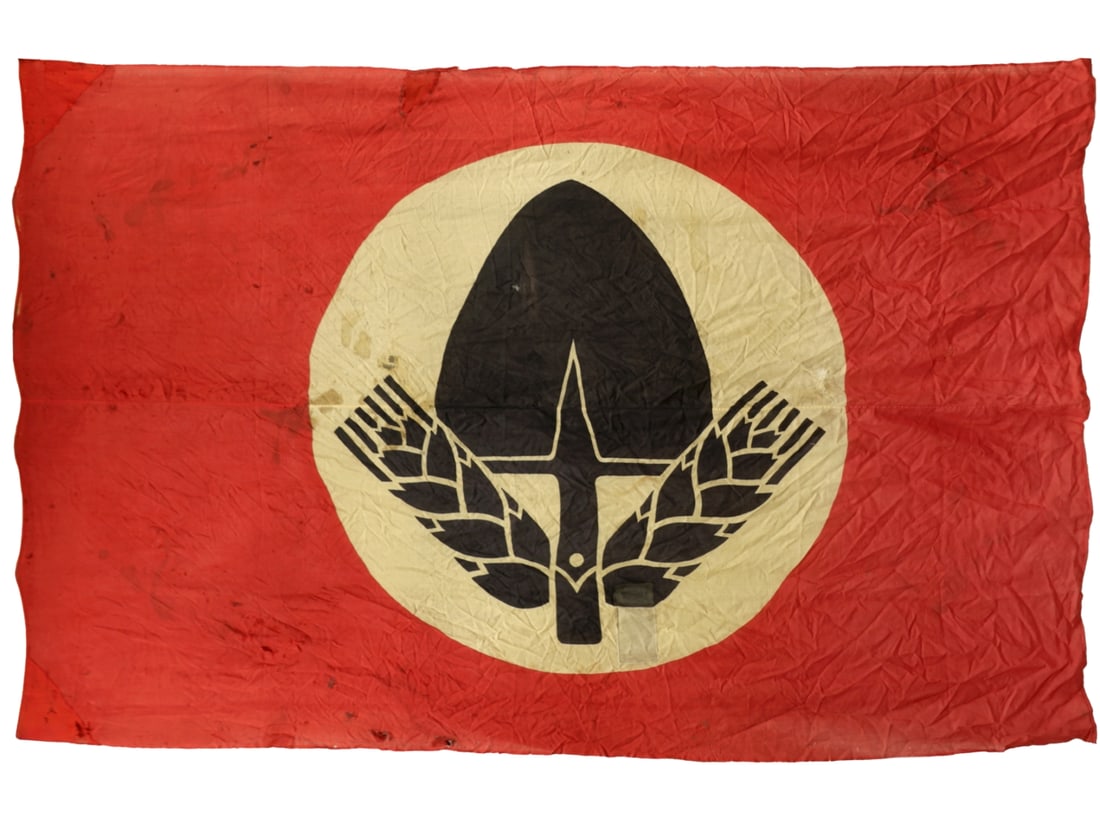 German Reich Labor Service (RAD) Large Double-Sided Camp Flag, 246 x 360 cm: German Reich Labor Service (RAD) Large Double-Sided Camp Flag, 97" x 142" Substantial double-sided cloth flag for the Reichsarbeitsdienst, or Reich Labor Service, measuring approximately 97 inches in 