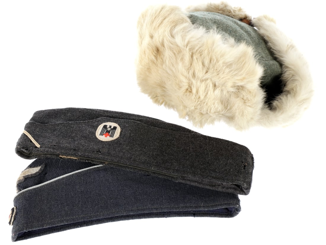 German WWII Headgear Mixed Lot: German WWII Headgear Mixed Lot. Includes an Army winter fur hat: field gray wool peltm?tze has white rabbit fur turned front visor and fold-up ear flaps with leather ties, field gray cotton twill lini